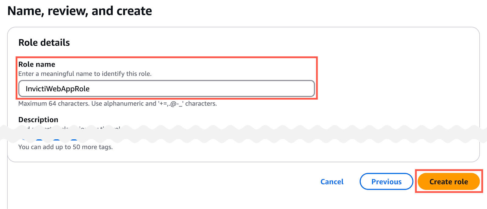 Name, review, and create role page.