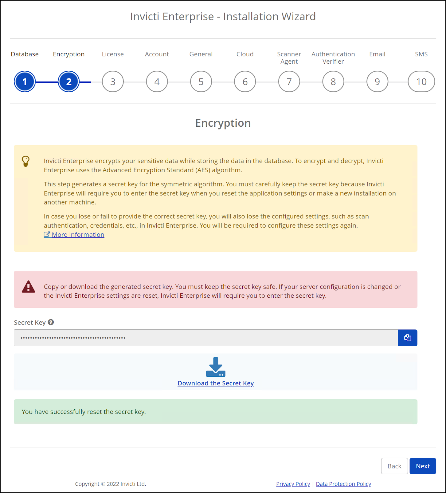 Invicti Enterprise installation wizard showing encryption step.