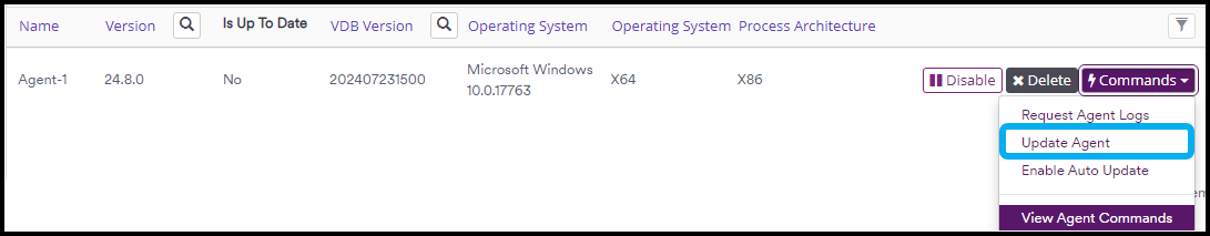 Manage Agents interface showing Update Agent command in the Commands dropdown.