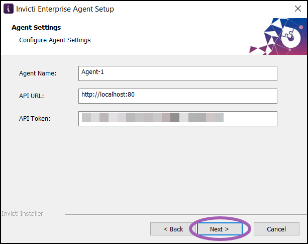 Agent configuration screen showing pre-populated connection details.