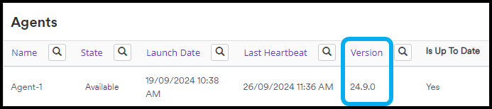 Manage Agents page showing updated agent version number after successful update.