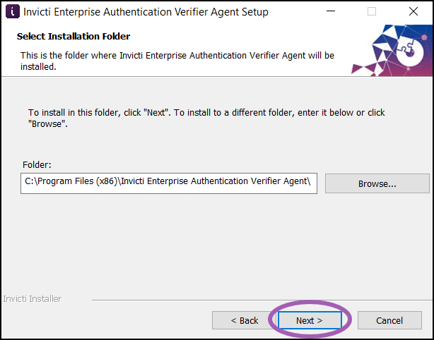 Installation folder selection screen for Authentication Verifier Agent.