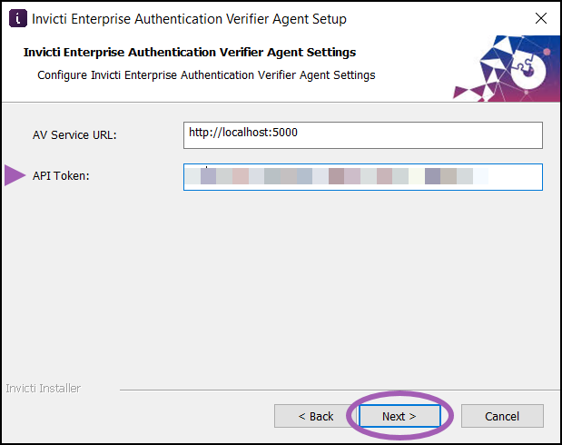 API Token entry screen for Authentication Verifier Agent setup.
