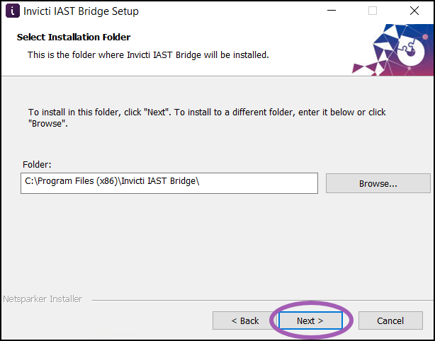 Installation folder selection screen for IAST Bridge setup.