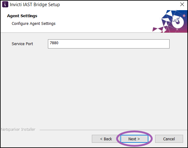 Service Port configuration screen for IAST Bridge installation.