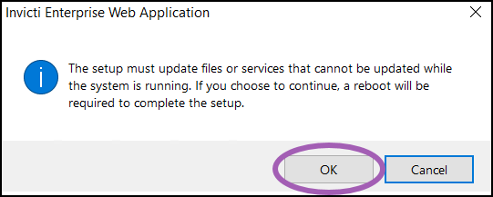 Setup notification warning that a system reboot is required to complete the installation.