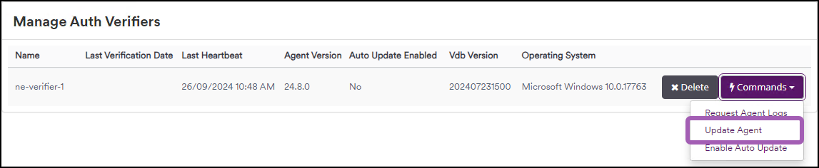 Manage Verifiers interface showing Update Agent command option.