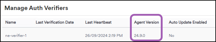 Manage Auth Verifiers page showing updated agent version number after successful update.