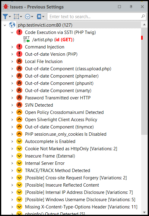 Issues panel in Scan Summary Dashboard
