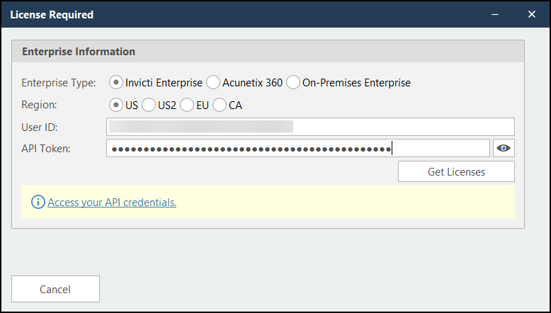 License required dialog with user ID and API token filled in.