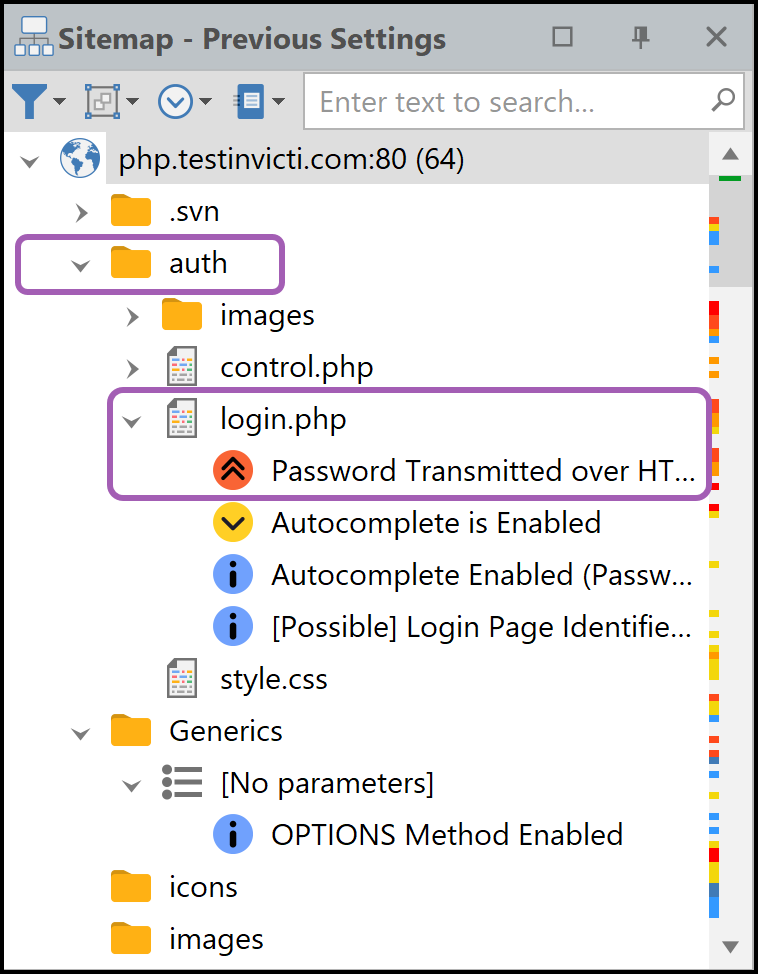 Sitemap panel in Scan Summary Dashboard