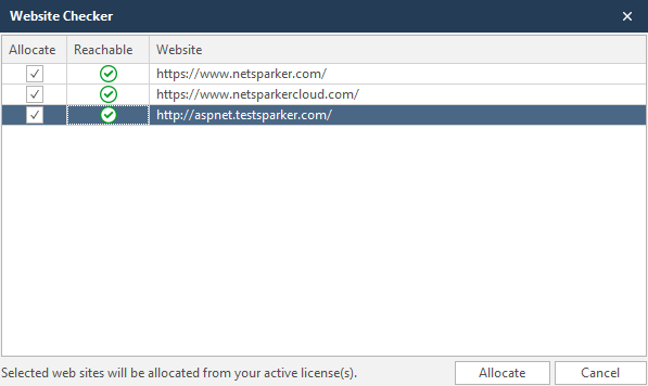 Website checker showing Allocate, Reachable, and Website columns.