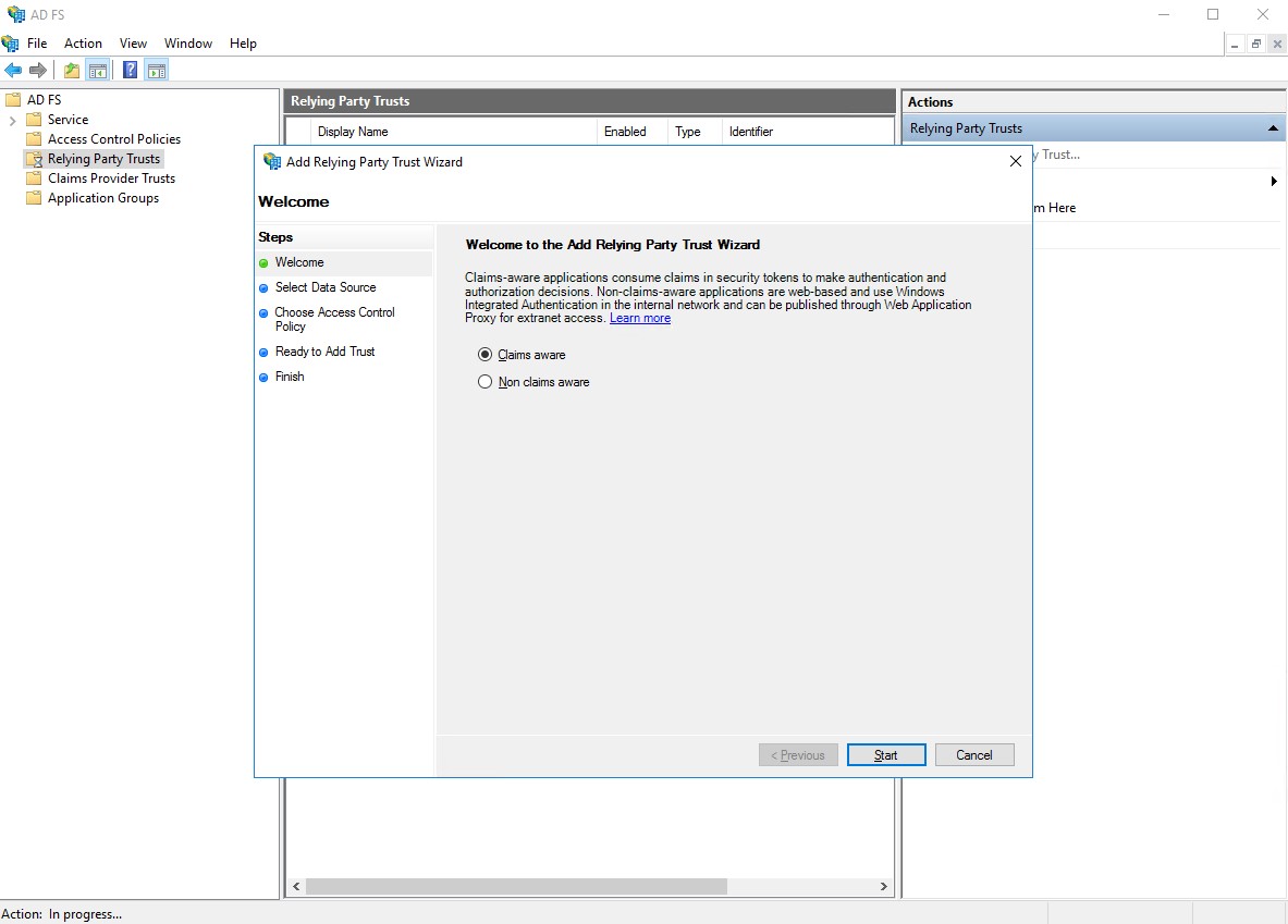 ADFS Add Relying Party Trust Wizard