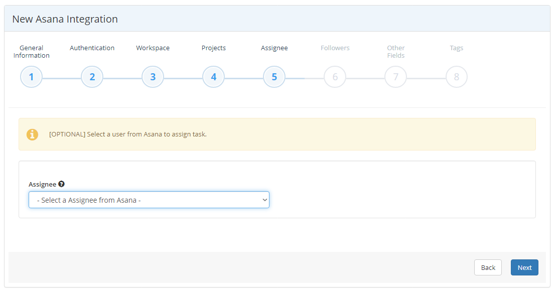 Asana integration wizard Assignee step showing assignee dropdown selection for user assignment