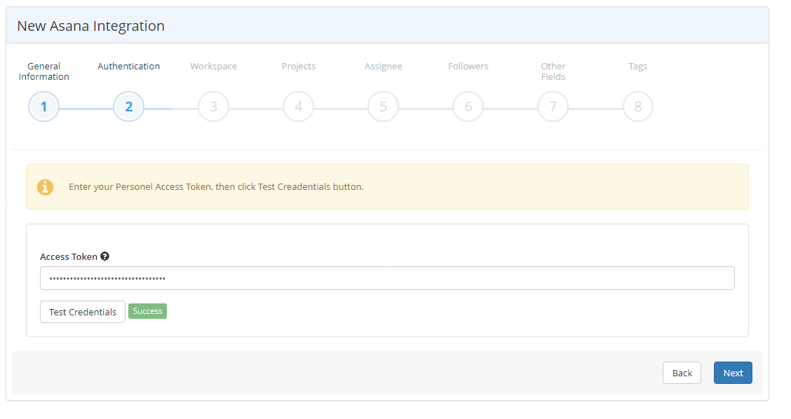 Asana integration wizard Authentication step showing access token field and test credentials button