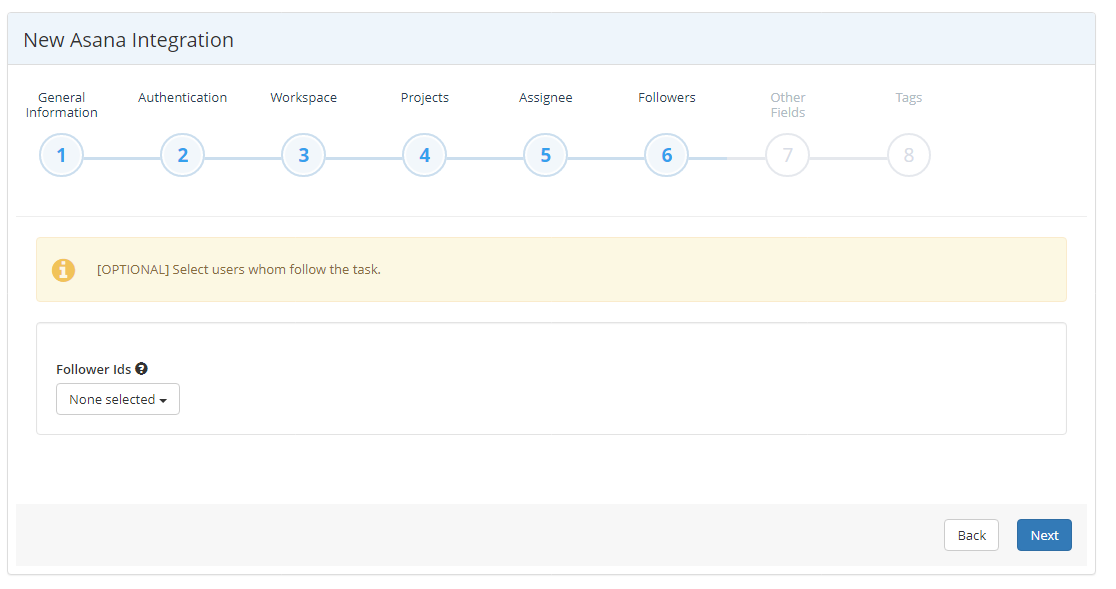 Asana integration wizard Followers step showing followers IDs dropdown for task followers selection