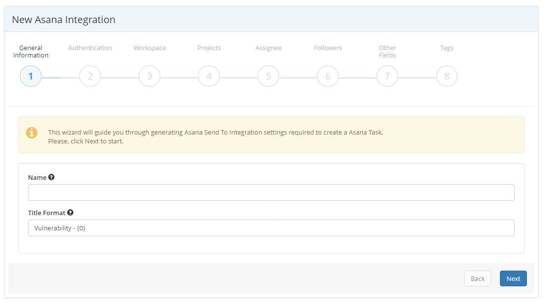 Asana integration wizard General Information step showing name and title format fields