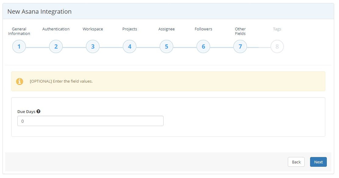 Asana integration wizard Other Fields step showing due days configuration
