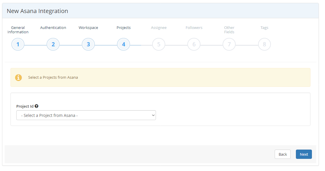 Asana integration wizard Projects step showing project ID dropdown selection