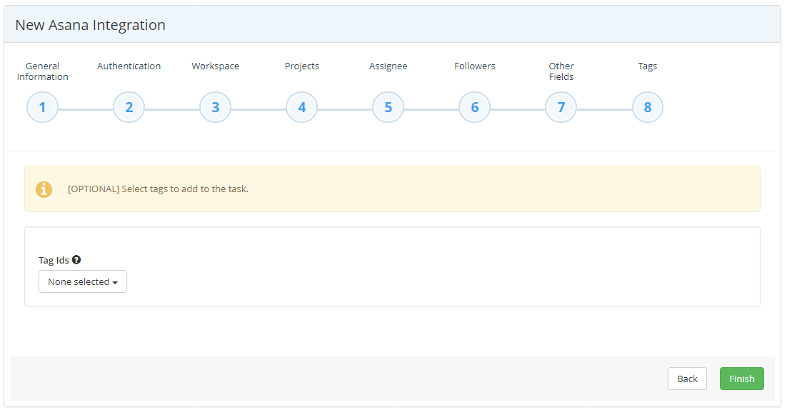 Asana integration wizard Tags step showing tags IDs dropdown for task tagging