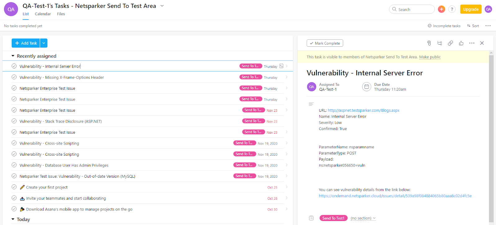 Asana vulnerability export popup showing successful submission with issue link