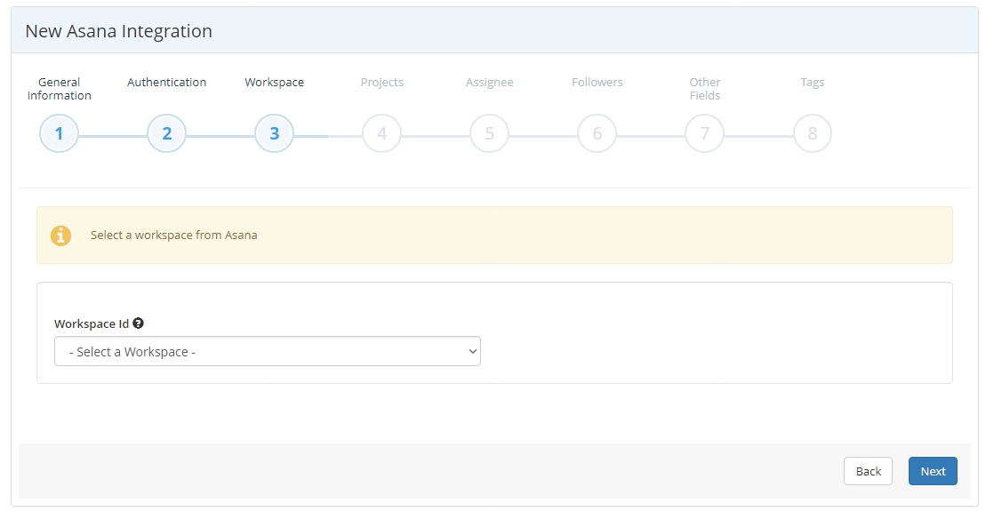 Asana integration wizard Workspace step showing workspace ID dropdown selection