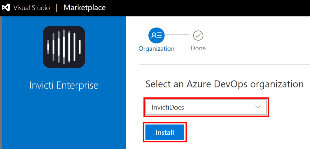 Azure DevOps organization selection dropdown during extension installation