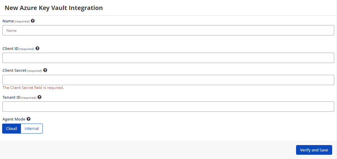 Azure Key Vault integration selection