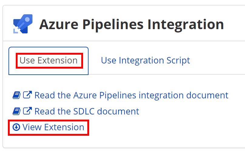 Azure Pipelines integration page showing Use Extension tab and View Extension button