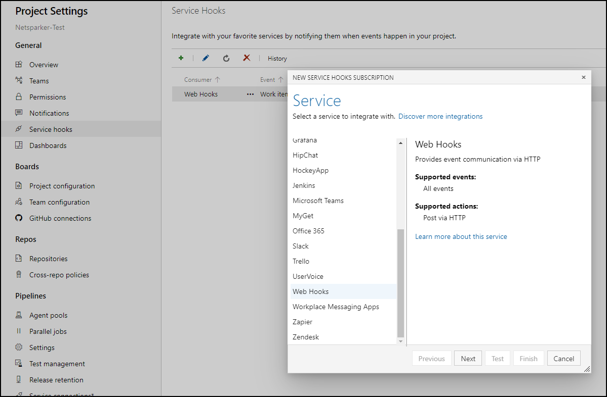 Azure Boards Project Settings showing Service Hooks configuration page with New Service Hooks Subscription button