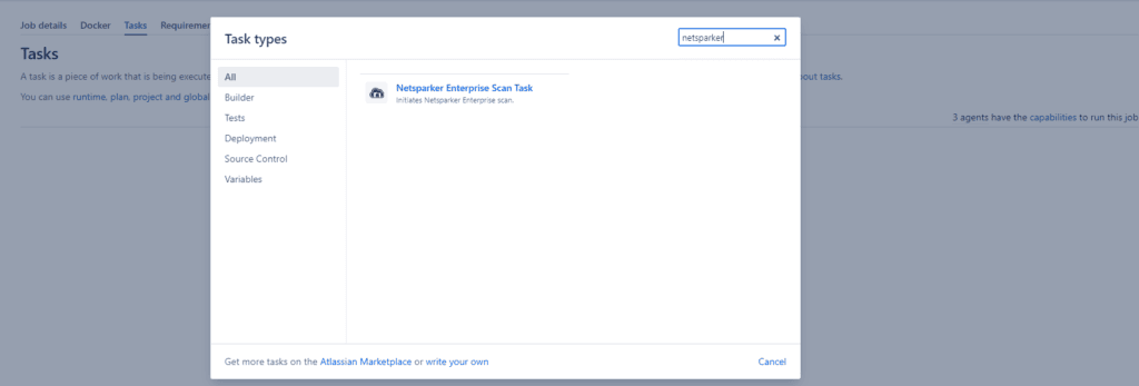 Bamboo job configuration showing Add task menu with Netsparker Enterprise Scan Task option