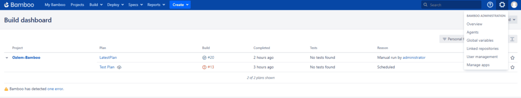 Bamboo Administration dropdown showing Manage Apps selection