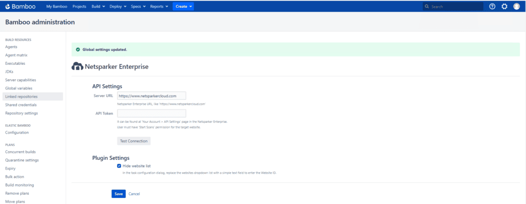 Netsparker Enterprise Plugin configuration page showing API Settings with Server URL and API Token fields