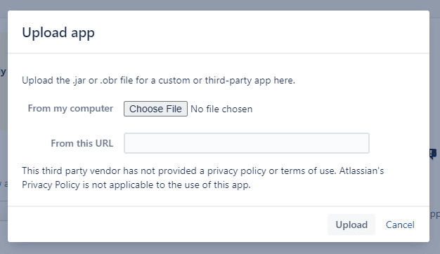 Bamboo Manage Apps panel with Upload app button and Choose File dialog