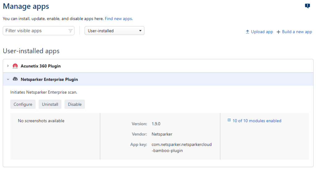 Bamboo Administration page showing Netsparker Enterprise Plugin in Manage Apps section