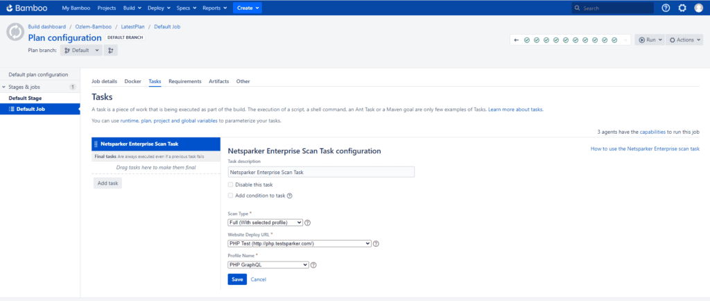 Netsparker Enterprise Scan Task configuration page showing scan settings and website options