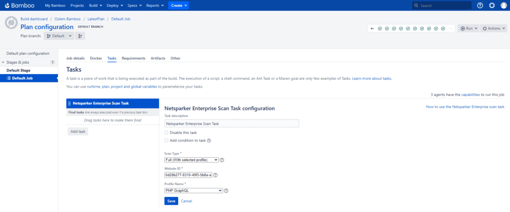 Netsparker Enterprise Scan Task configuration page showing scan settings and website options