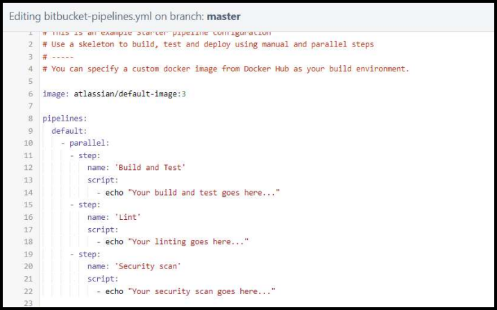 Bitbucket pipeline configuration file showing bitbucket-pipelines.yml structure