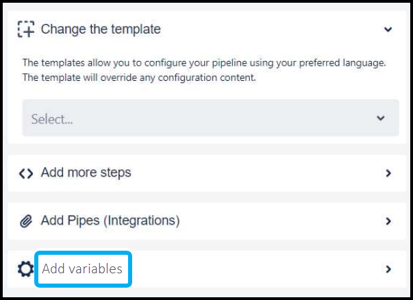 Bitbucket repository settings showing Add variables option for secure credential storage