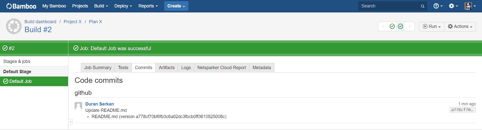 Bamboo Commit tab displaying changeset details, file modifications, and commit information