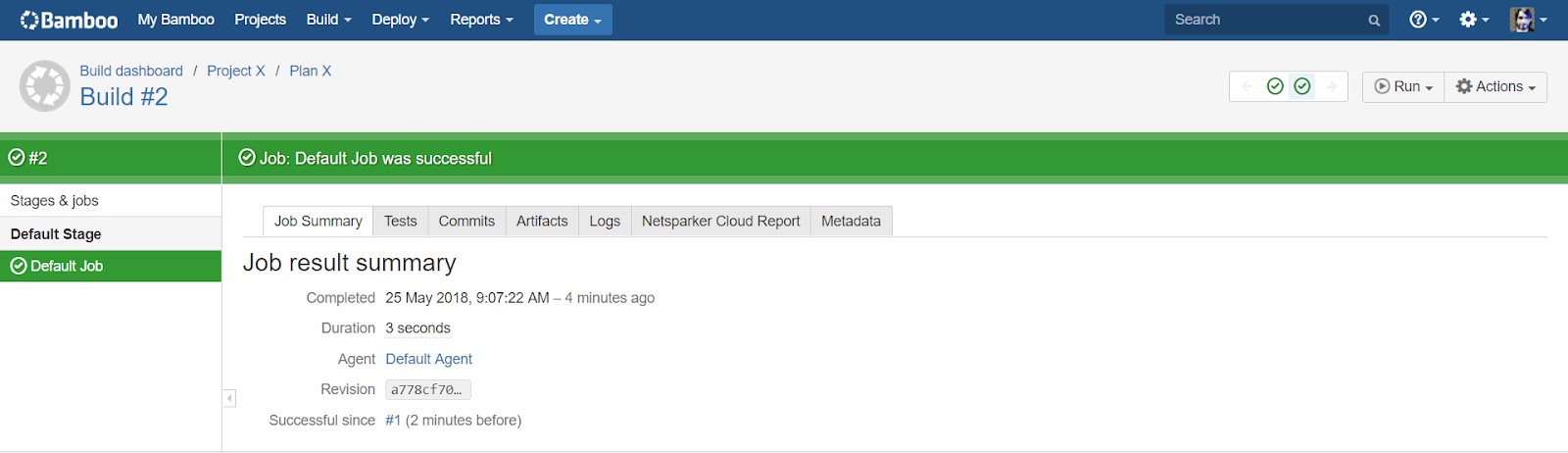 Bamboo Job Summary tab showing build overview, status, and execution details