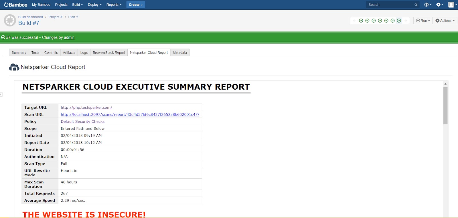 Bamboo interface showing Invicti Scan Result access and link to detailed scan summary report