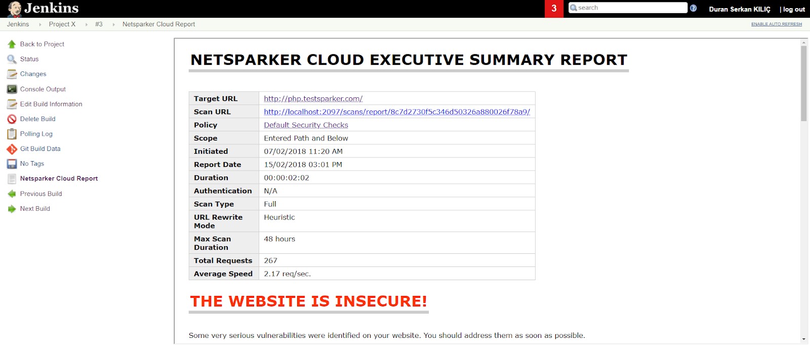 Jenkins interface displaying Invicti Scan Result access and integration with scan summary report