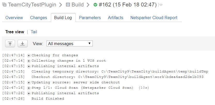 TeamCity Build Log tab showing detailed build execution information and console output