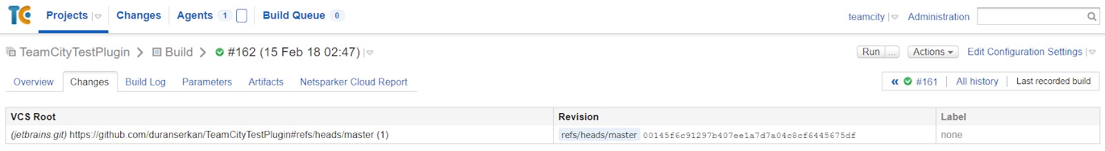 TeamCity Changes tab displaying commit details, file modifications, and change history