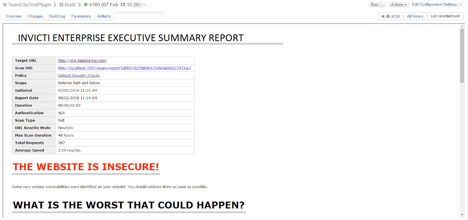 TeamCity interface showing Invicti Scan Result link and access to scan summary report