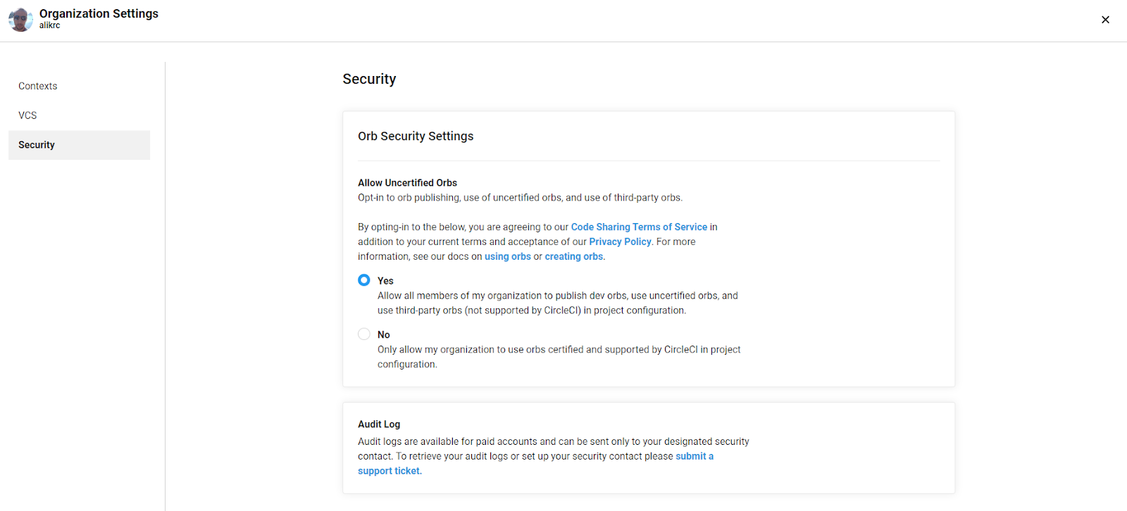 CircleCI Organization Settings showing Orb Security Settings with Allow Uncertified Orbs enabled