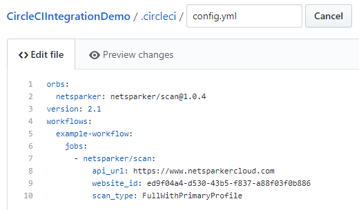 CircleCI integration Parameters field with Copy to Clipboard button for configuration code