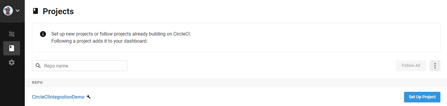CircleCI projects page showing project list and setup options