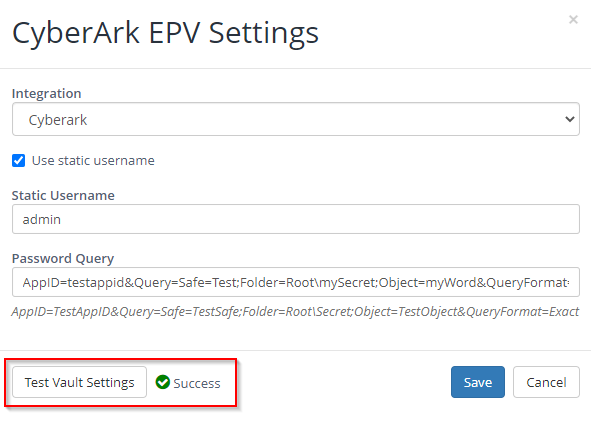 CyberArk EPV settings dialog